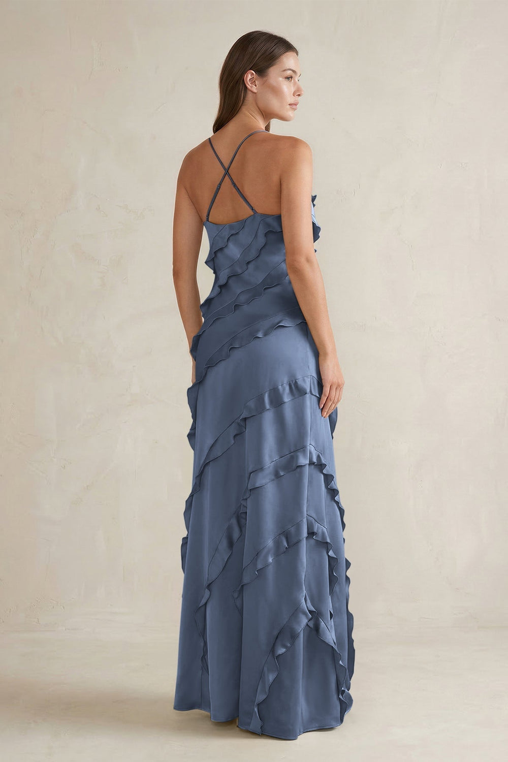 Spaghetti Straps Sheath Stain Ruffled Bridesmaid Dress in Neptune