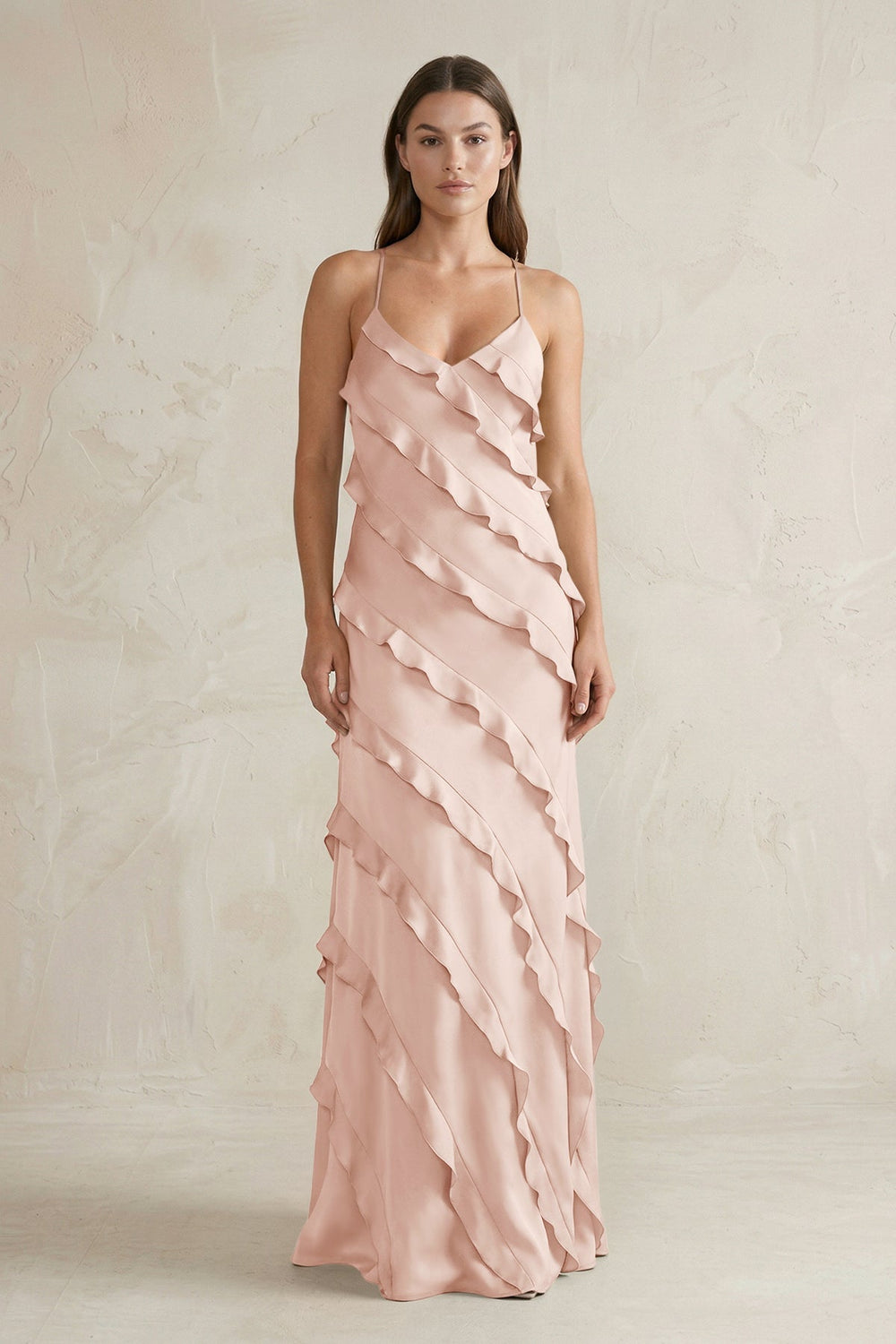 Spaghetti Straps Sheath Stain Ruffled Bridesmaid Dress in Pale Blush