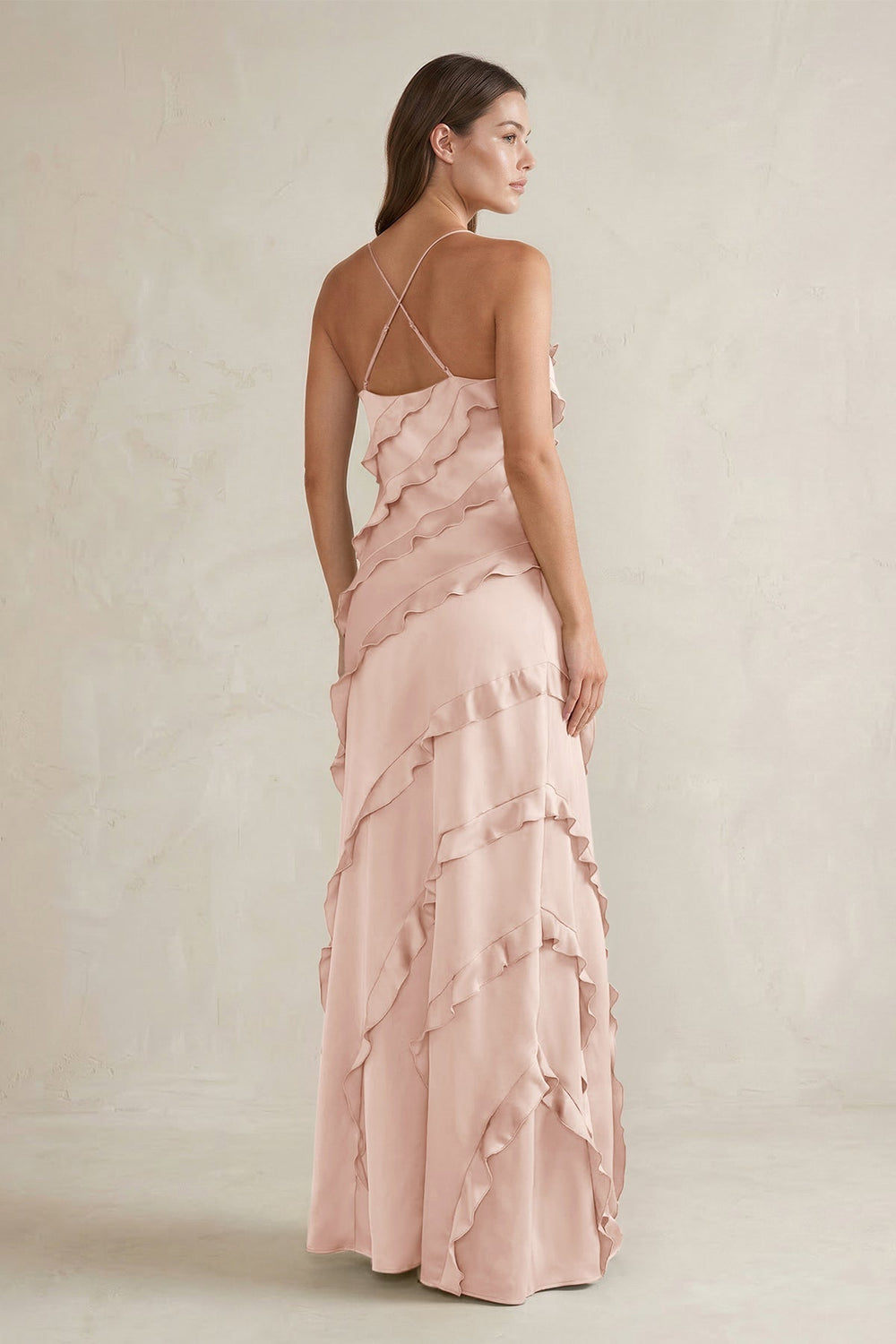 Spaghetti Straps Sheath Stain Ruffled Bridesmaid Dress in Pale Blush