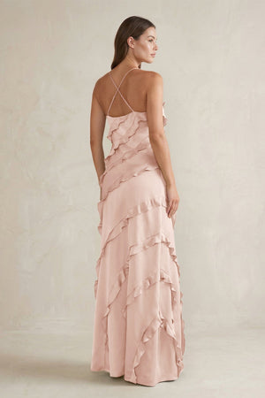 Spaghetti Straps Sheath Stain Ruffled Bridesmaid Dress in Pale Blush - KISS BRIDAL Bridesmaid Dresses