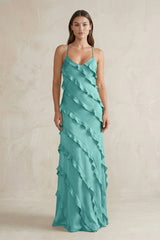 Spaghetti Straps Sheath Stain Ruffled Bridesmaid Dress in Pale Pistachio - KISS BRIDAL Bridesmaid Dresses