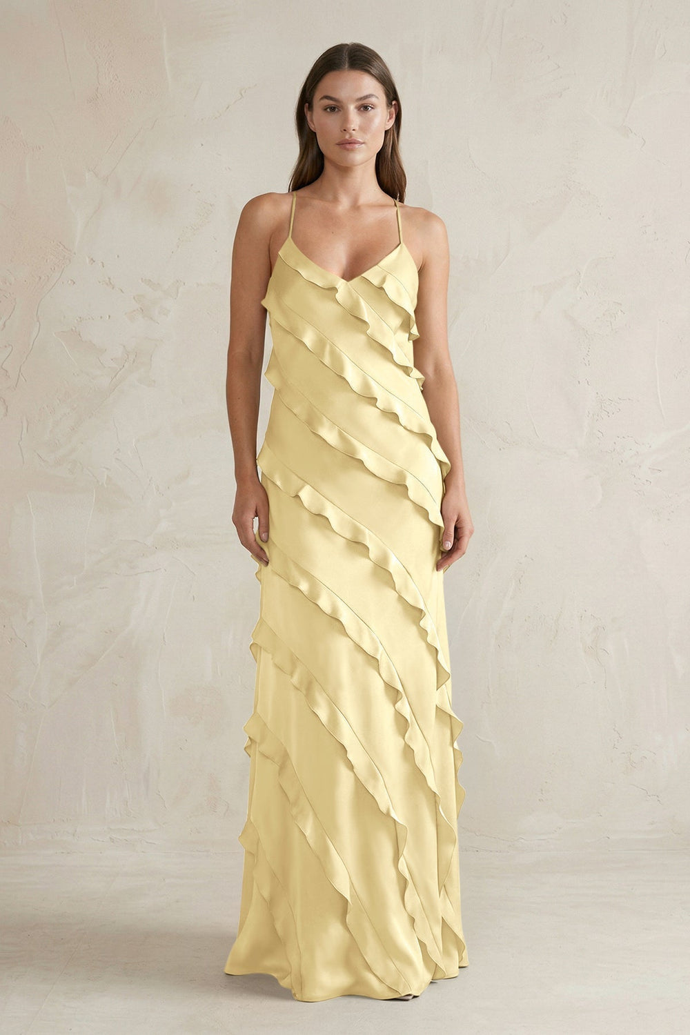 Spaghetti Straps Sheath Stain Ruffled Bridesmaid Dress in Pastel Yellow