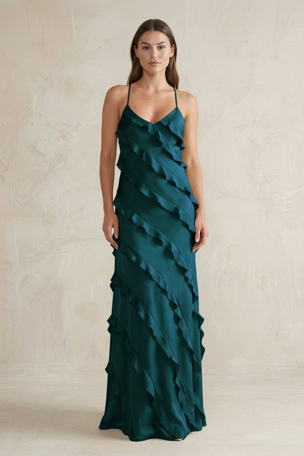 Spaghetti Straps Sheath Stain Ruffled Bridesmaid Dress in Pine
