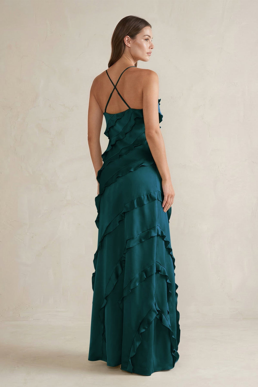 Spaghetti Straps Sheath Stain Ruffled Bridesmaid Dress in Pine