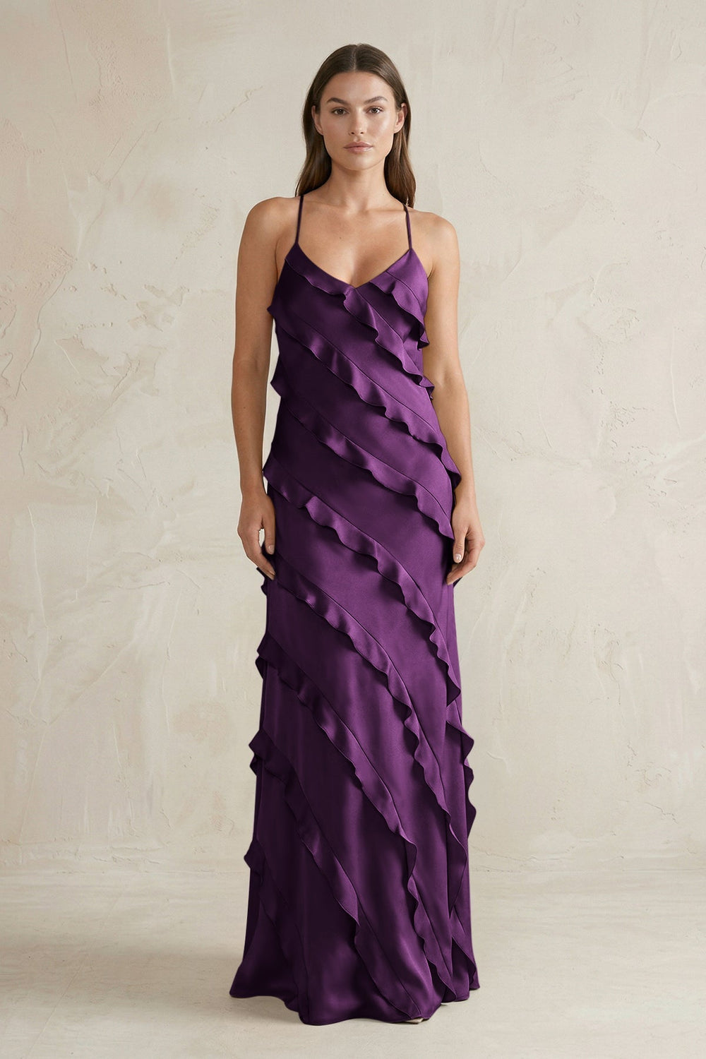 Spaghetti Straps Sheath Stain Ruffled Bridesmaid Dress in Plum