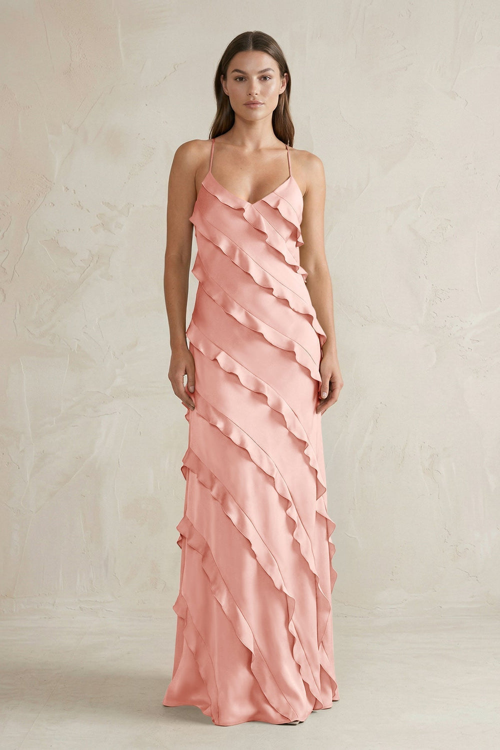 Spaghetti Straps Sheath Stain Ruffled Bridesmaid Dress in Rose Petal
