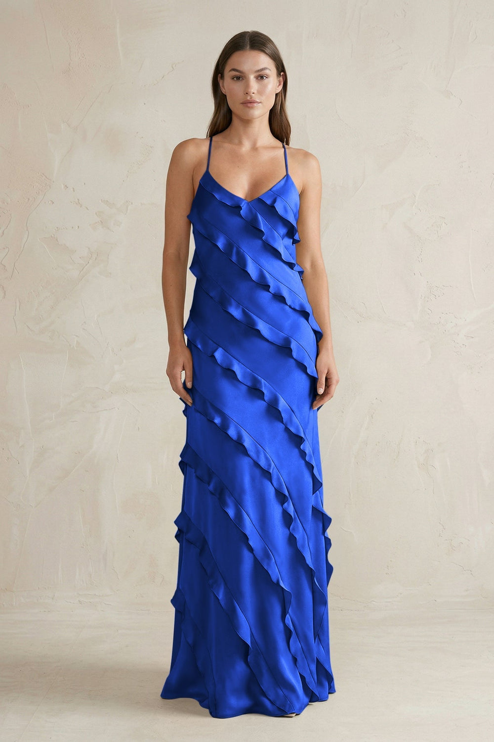 Spaghetti Straps Sheath Stain Ruffled Bridesmaid Dress in Royal Blue