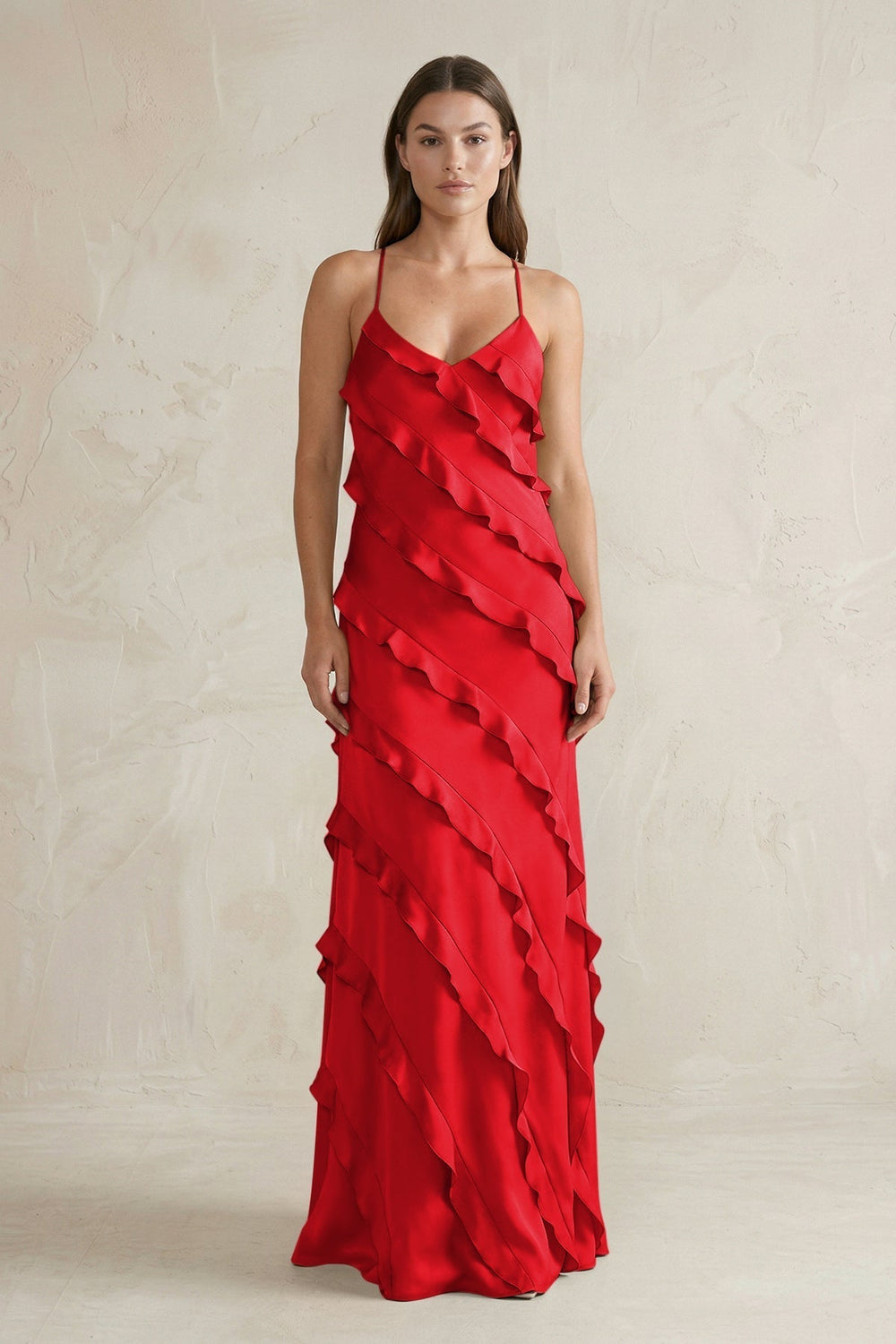 Spaghetti Straps Sheath Stain Ruffled Bridesmaid Dress in Ruby Red
