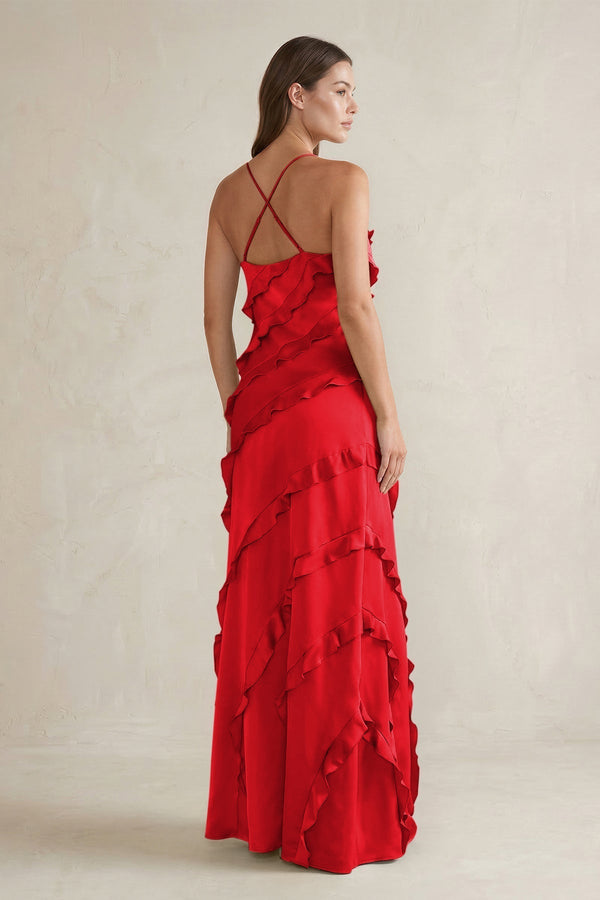 Spaghetti Straps Sheath Stain Ruffled Bridesmaid Dress in Ruby Red - KISS BRIDAL Bridesmaid Dresses
