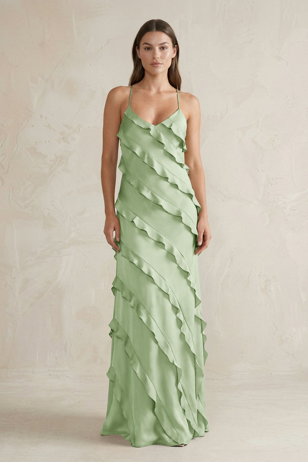 Spaghetti Straps Sheath Stain Ruffled Bridesmaid Dress in Sage
