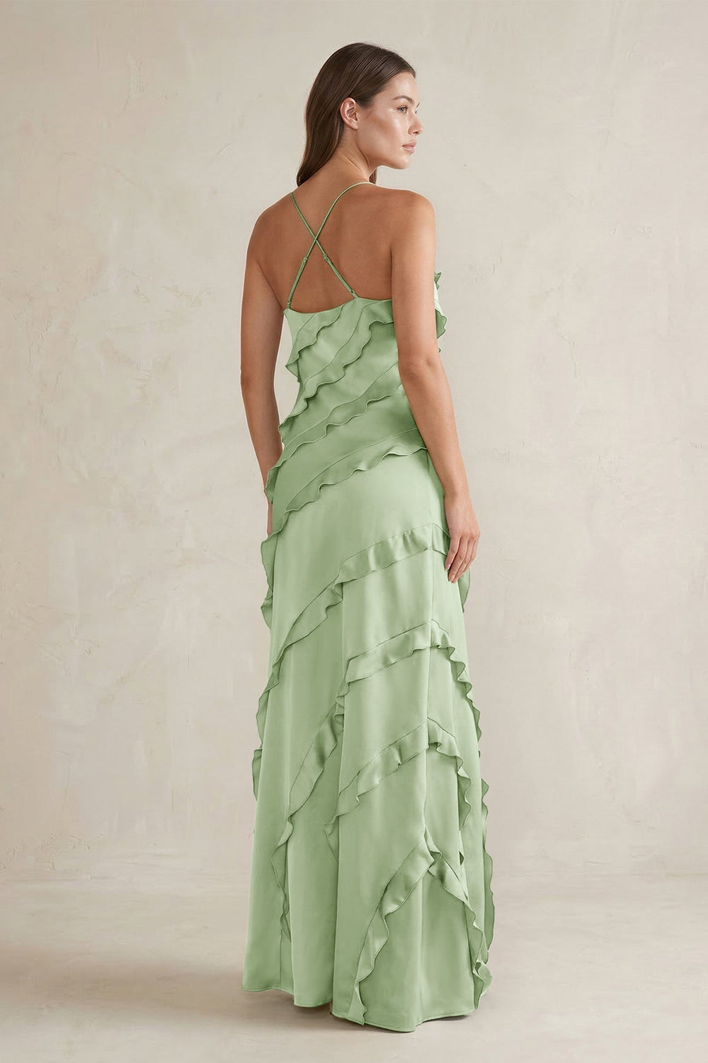 Spaghetti Straps Sheath Stain Ruffled Bridesmaid Dress in Sage