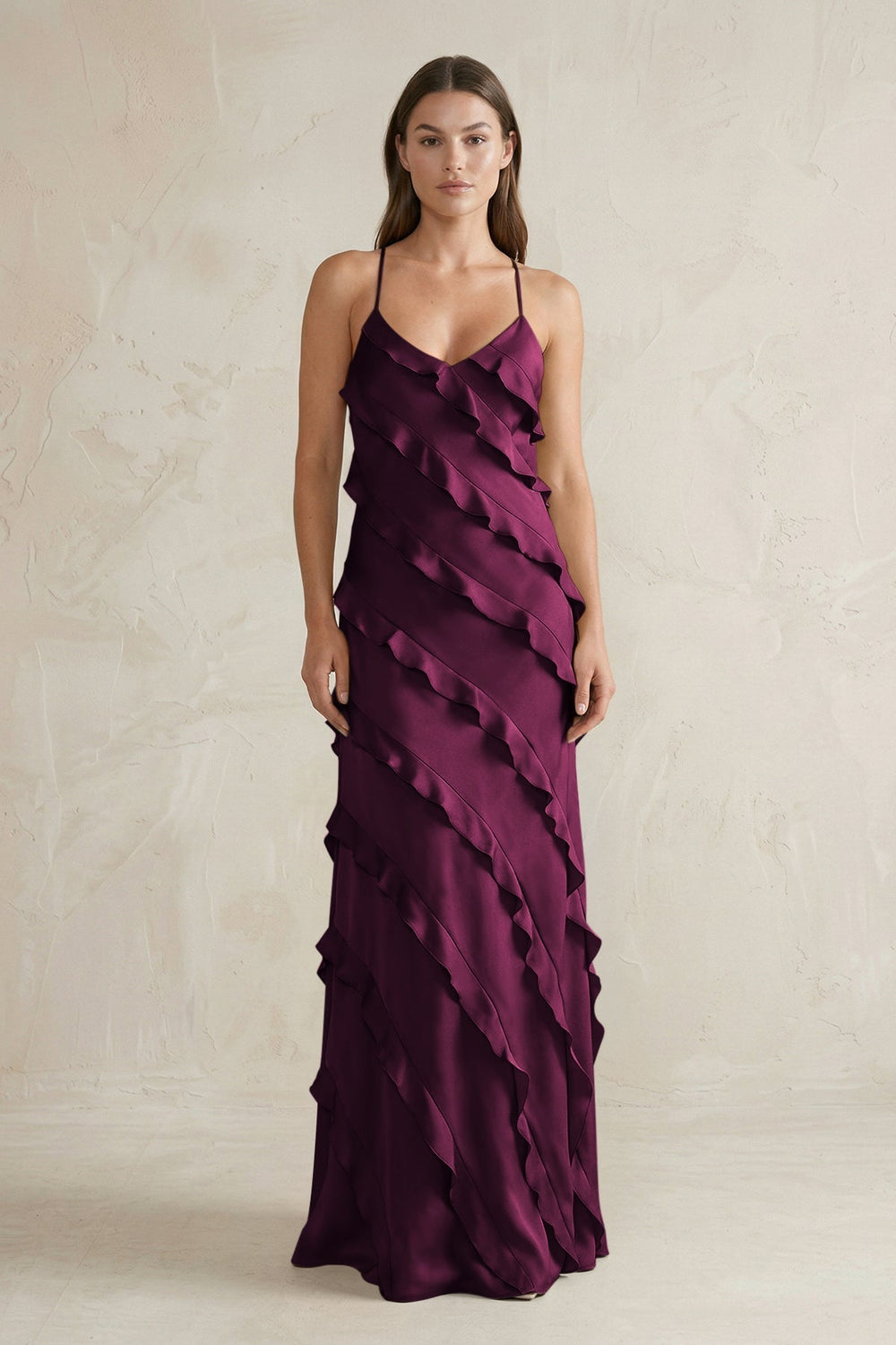 Spaghetti Straps Sheath Stain Ruffled Bridesmaid Dress in Sangria