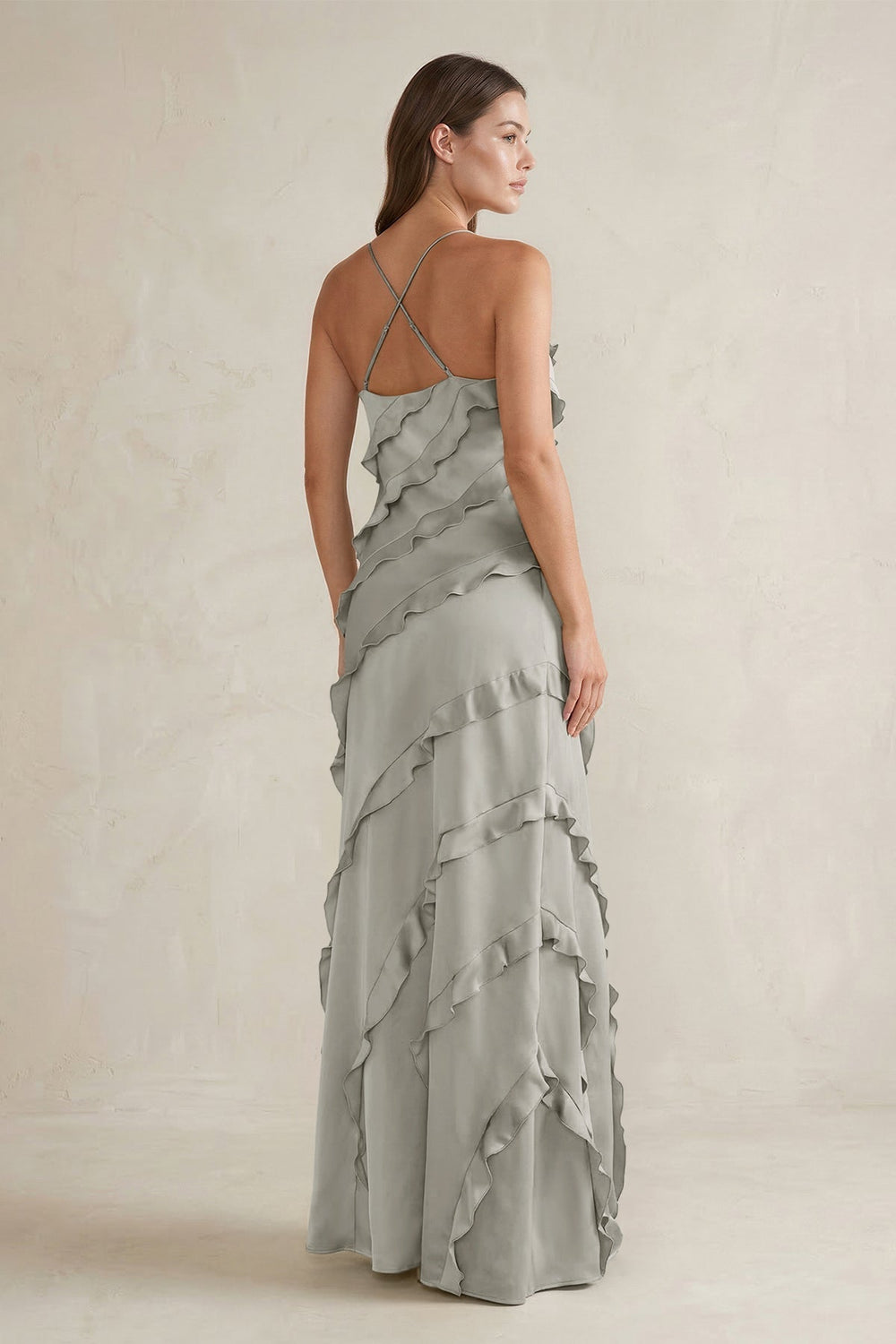Spaghetti Straps Sheath Stain Ruffled Bridesmaid Dress in Silver