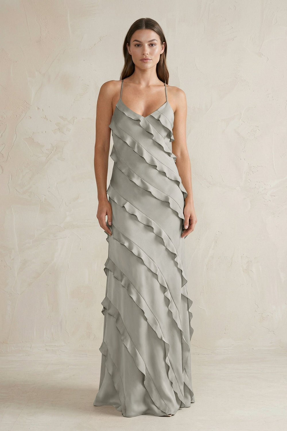 Spaghetti Straps Sheath Stain Ruffled Bridesmaid Dress in Silver