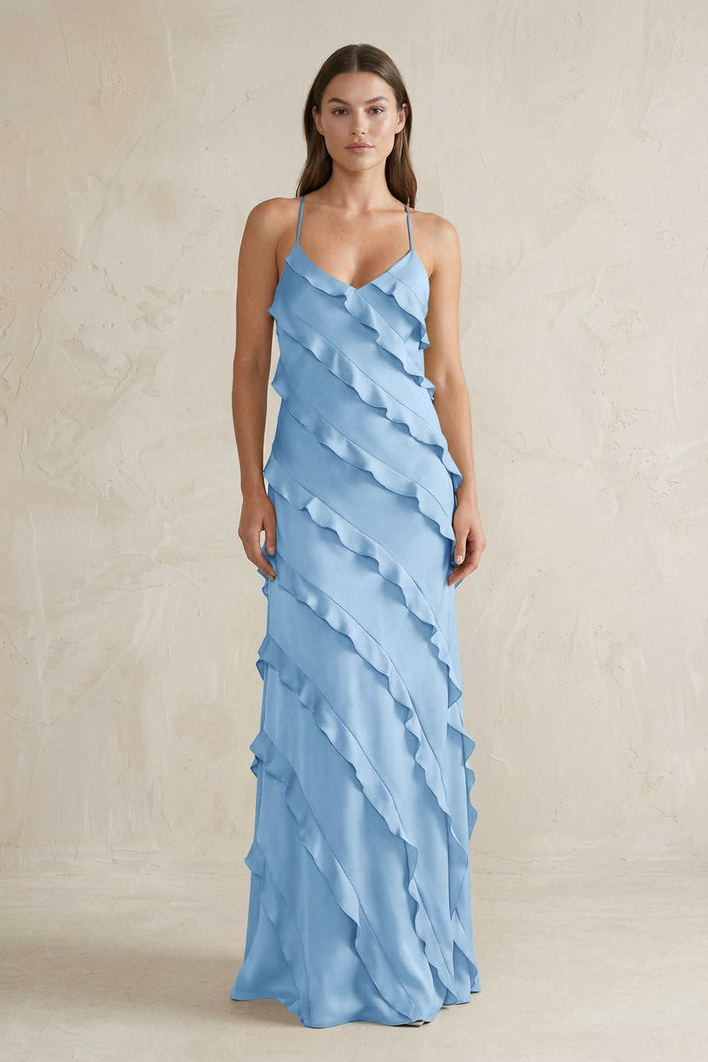 Spaghetti Straps Sheath Stain Ruffled Bridesmaid Dress in Sky Blue