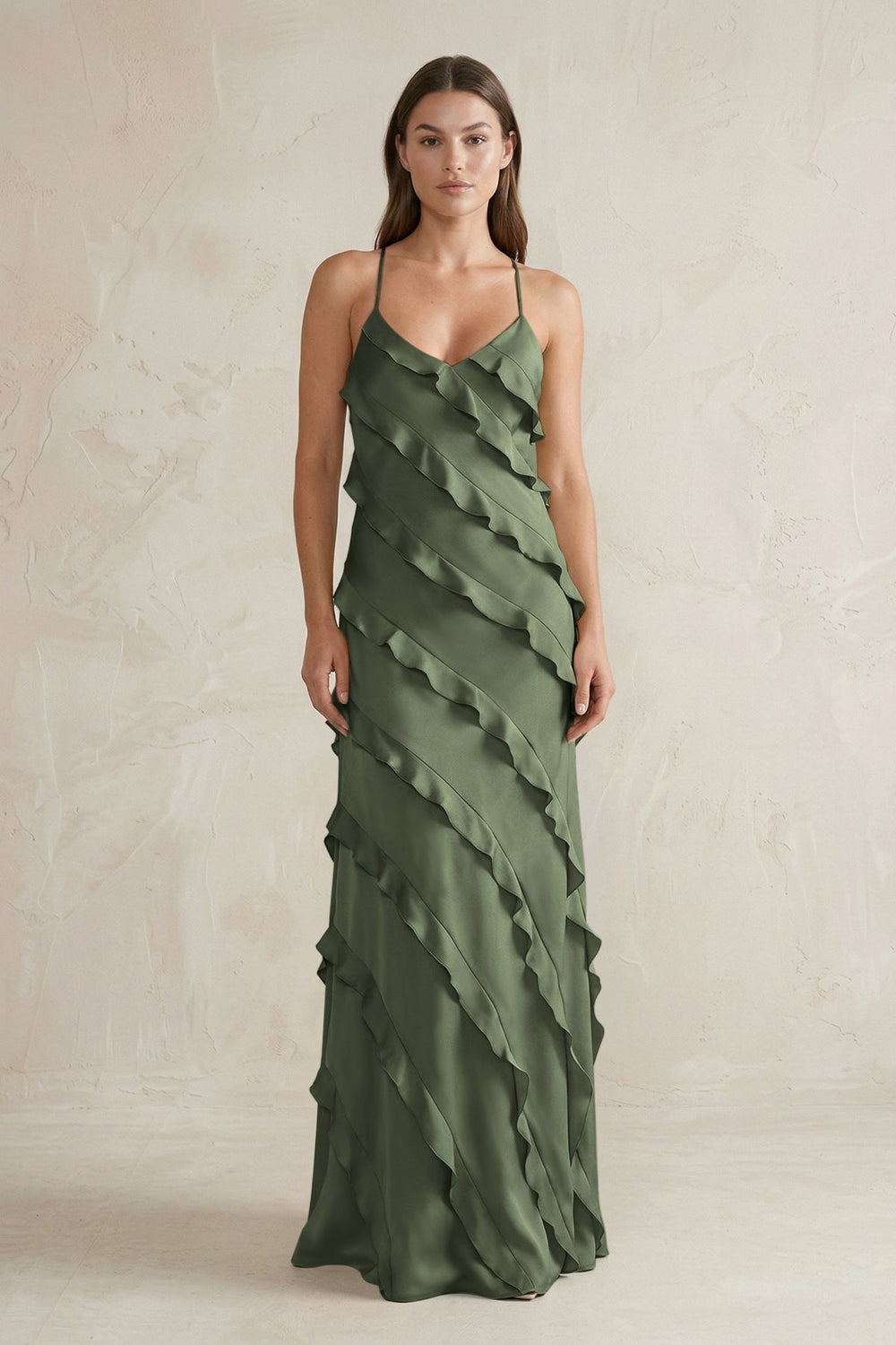 Spaghetti Straps Sheath Stain Ruffled Bridesmaid Dress in Thyme
