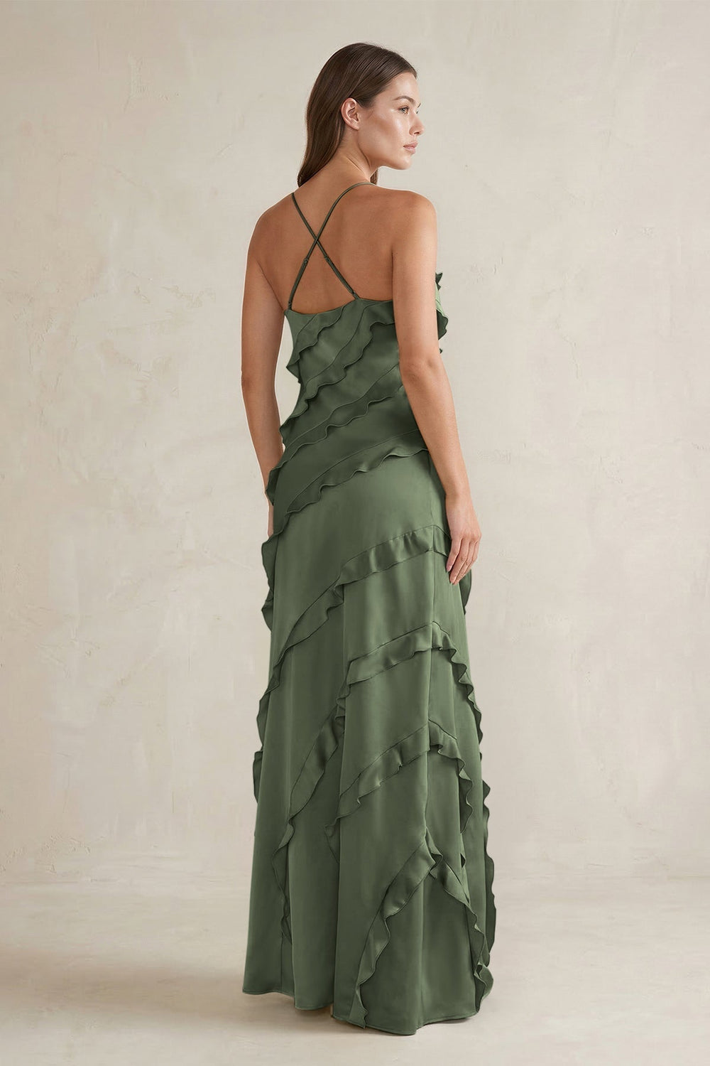 Spaghetti Straps Sheath Stain Ruffled Bridesmaid Dress in Thyme
