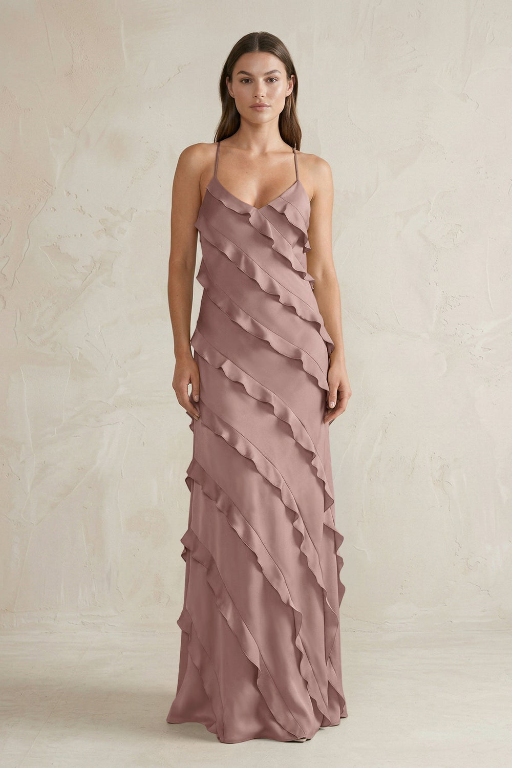 Spaghetti Straps Sheath Stain Ruffled Bridesmaid Dress in Toffee