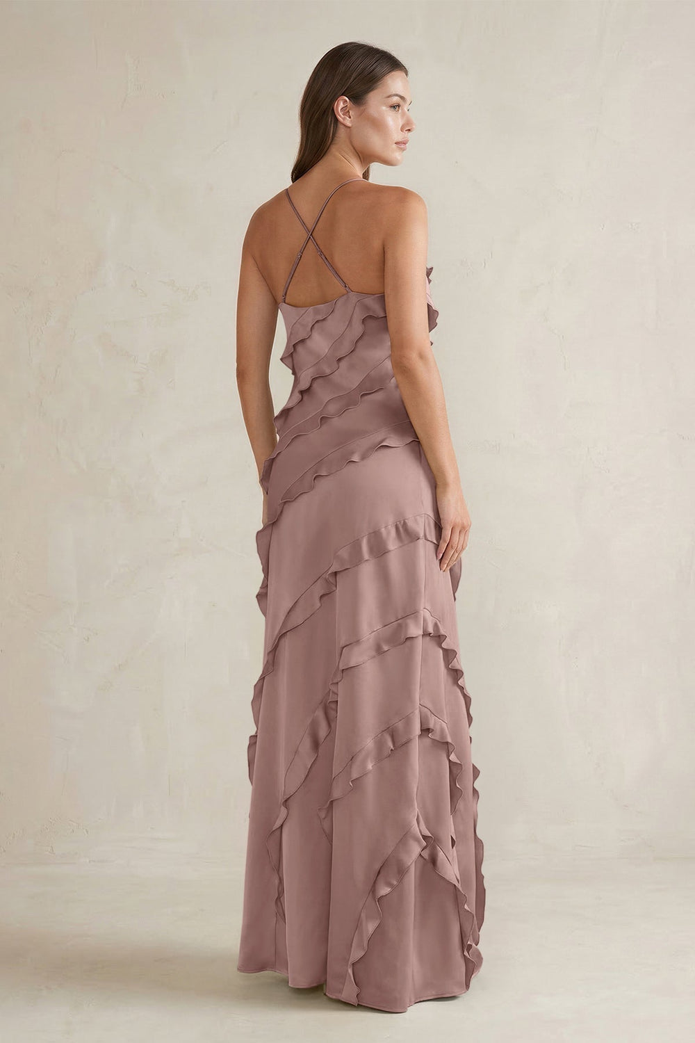 Spaghetti Straps Sheath Stain Ruffled Bridesmaid Dress in Toffee