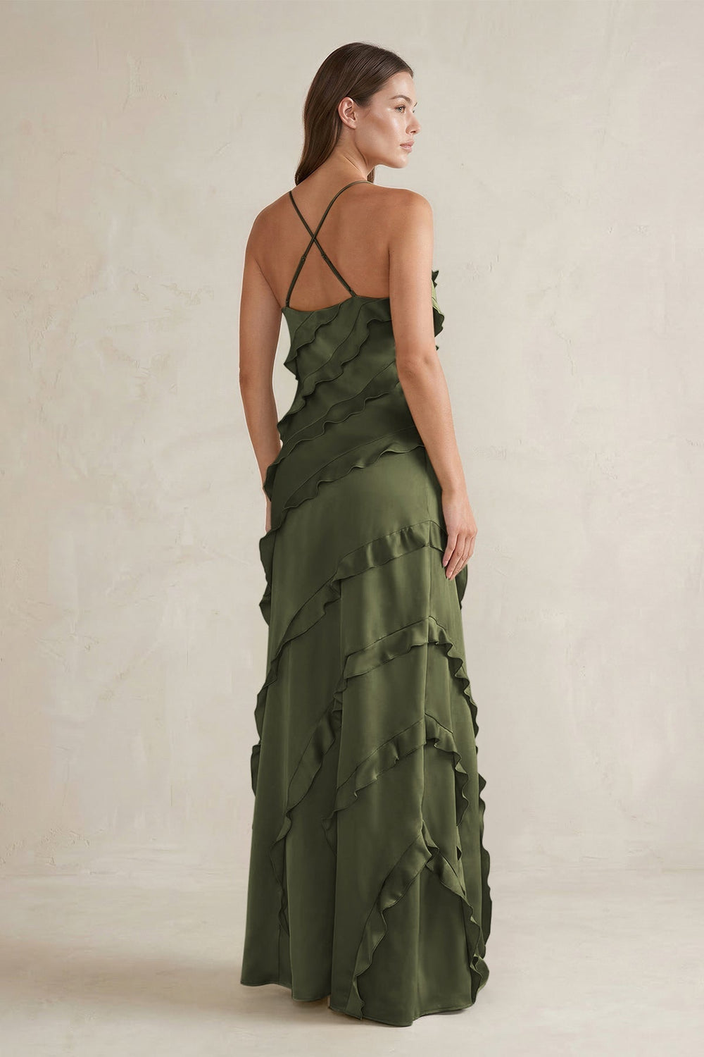 Spaghetti Straps Sheath Stain Ruffled Bridesmaid Dress in Willow Green