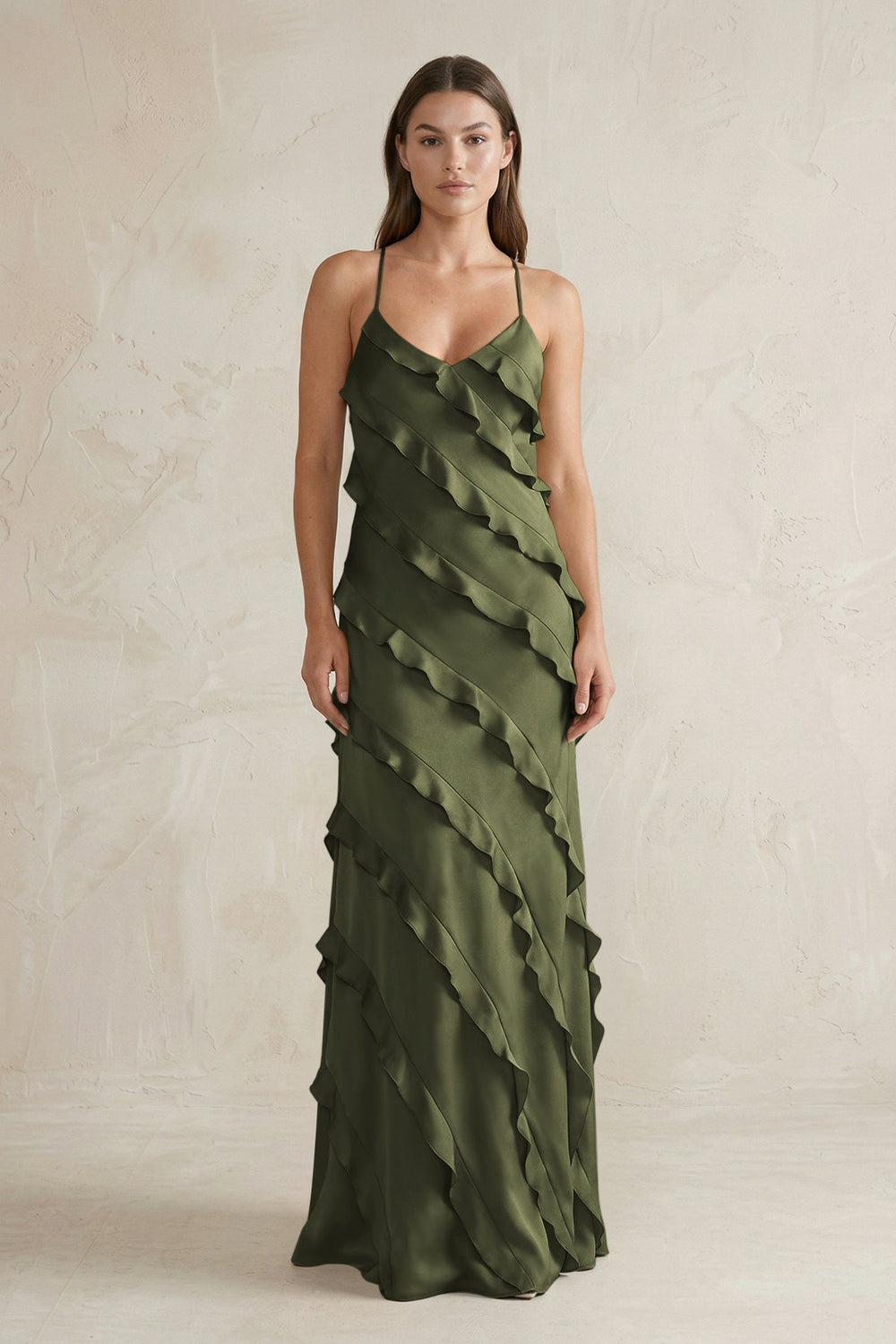 Spaghetti Straps Sheath Stain Ruffled Bridesmaid Dress in Willow Green