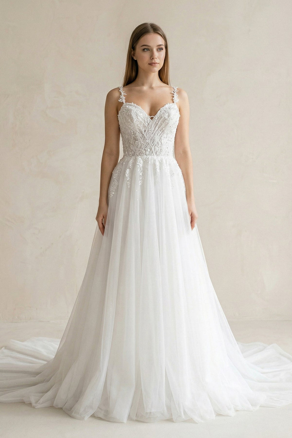 Spaghetti Straps Tulle A-Line Appliqued Wedding Dress in White