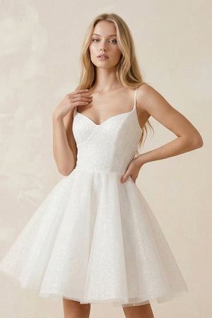 Spaghetti Straps Tulle A - Line Mini Wedding Dress in White - KISS BRIDAL Wedding Dresses