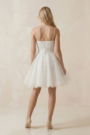 Spaghetti Straps Tulle A - Line Mini Wedding Dress in White - KISS BRIDAL Wedding Dresses