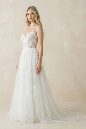 Spaghetti Straps Tulle Appliqued Corset Wedding Dress in White - KISS BRIDAL Wedding Dresses