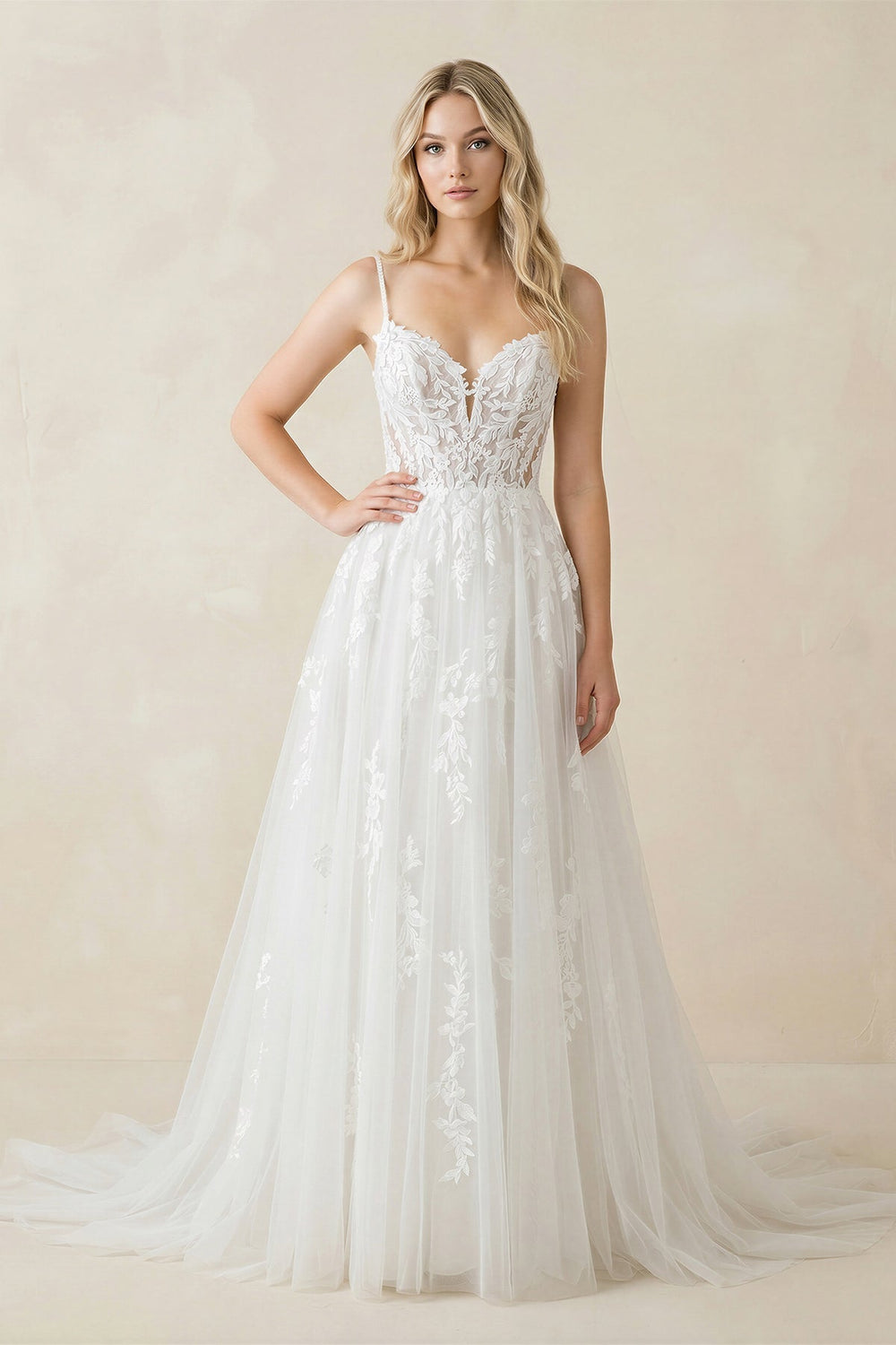 Spaghetti Straps Tulle Appliqued Corset Wedding Dress in White