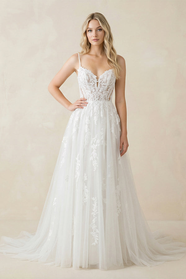 Spaghetti Straps Tulle Appliqued Corset Wedding Dress in White - KISS BRIDAL Wedding Dresses