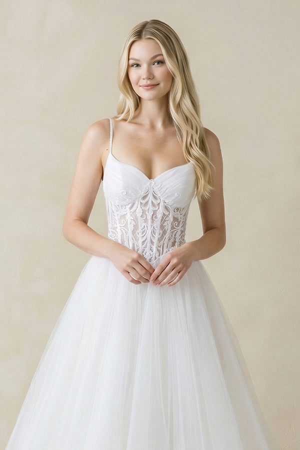 Spaghetti Straps Tulle Ball - Gown Corset Wedding Dress in White - KISS BRIDAL Wedding Dresses