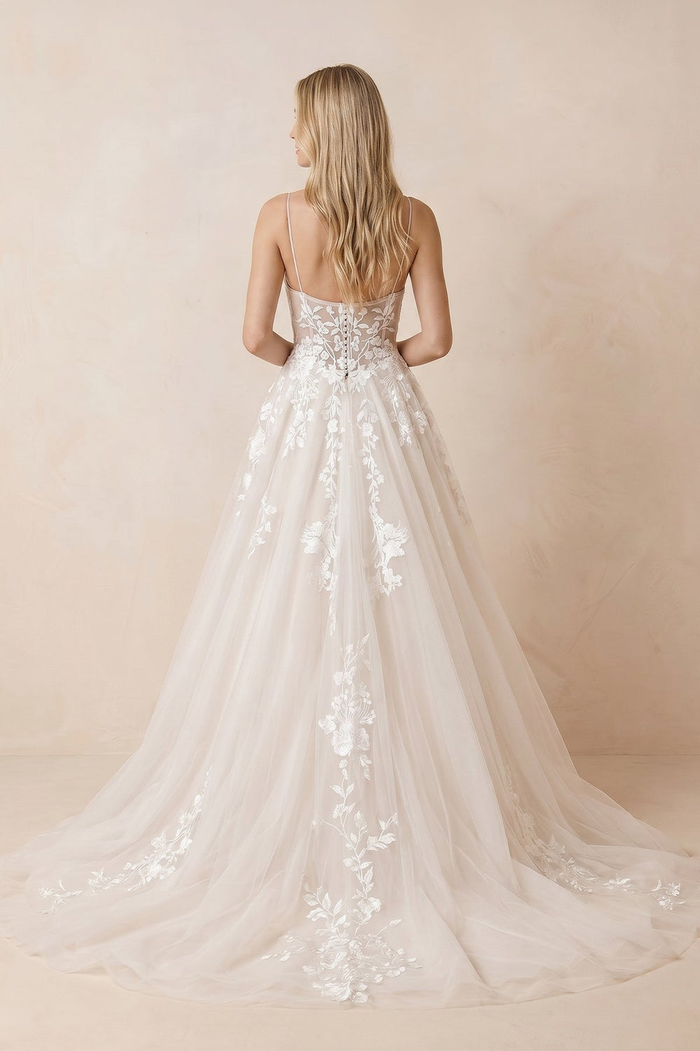 Spaghetti Straps Tulle V-Neck Ball Gown Wedding Dress