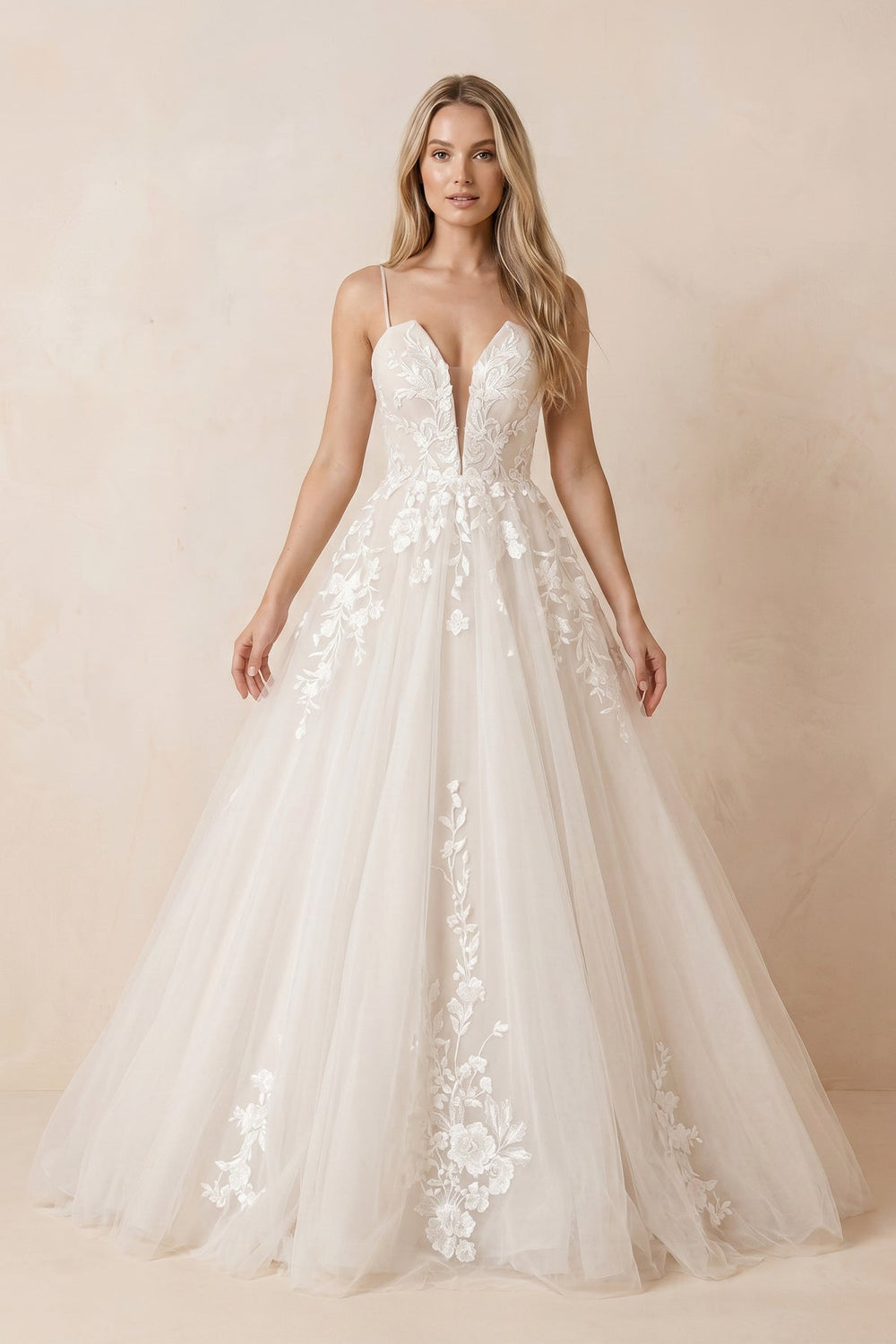 Spaghetti Straps Tulle V-Neck Ball Gown Wedding Dress
