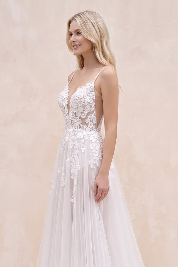White Nude Spaghetti Straps V-Neck Lace Appliques A-line Tulle Rustic Wedding Dress - KISSBRIDAL
