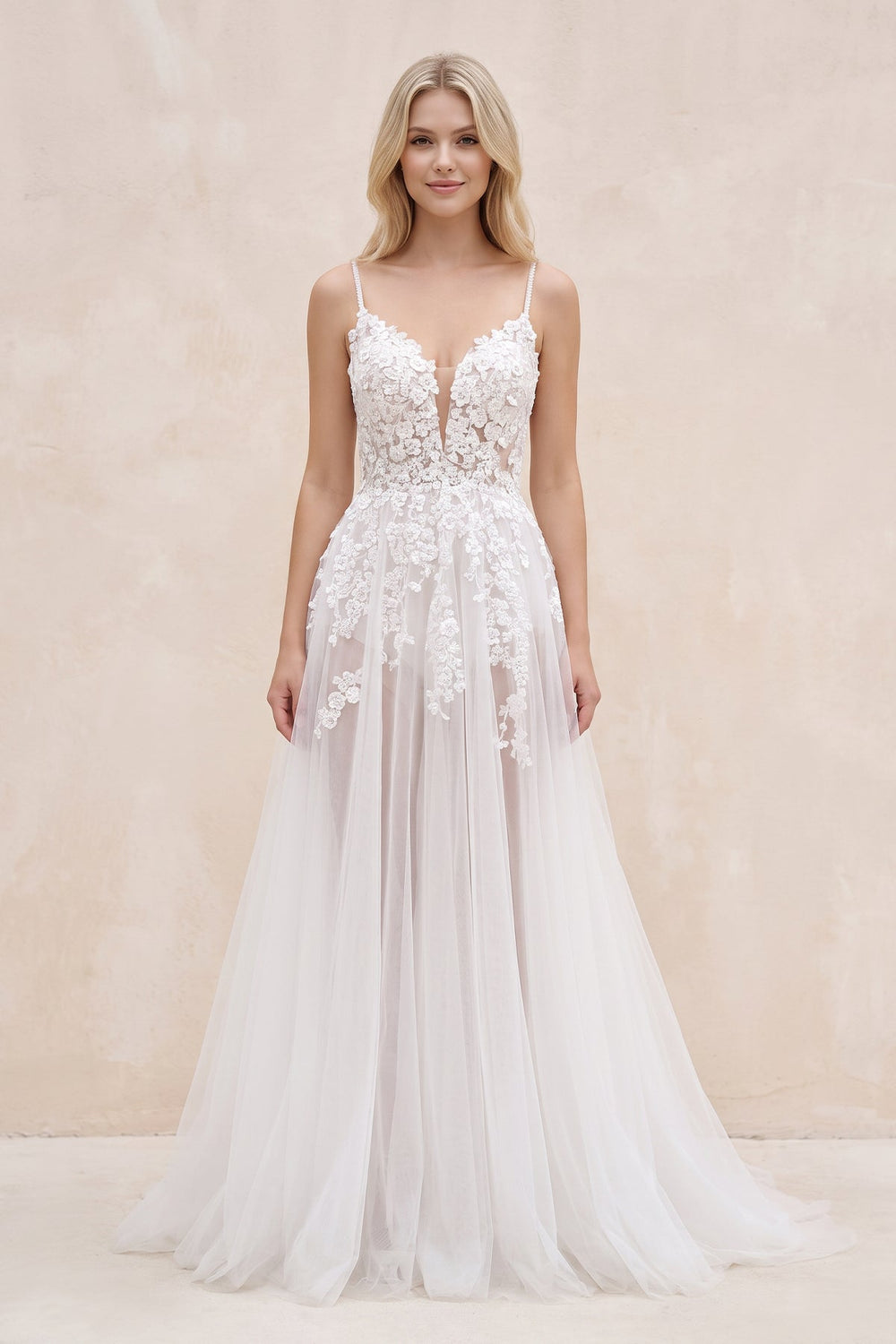 Spaghetti Straps A Line Tulle Wedding Dress in White and Nude