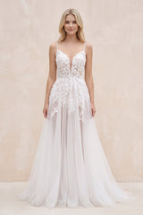 White Nude Spaghetti Straps V-Neck Lace Appliques A-line Tulle Rustic Wedding Dress - KISSBRIDAL