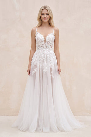 White Nude Spaghetti Straps V-Neck Lace Appliques A-line Tulle Rustic Wedding Dress - KISSBRIDAL