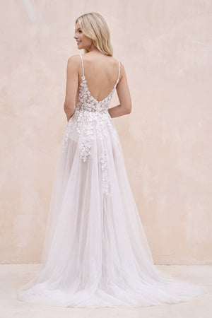 White Nude Spaghetti Straps V-Neck Lace Appliques A-line Tulle Rustic Wedding Dress - KISSBRIDAL