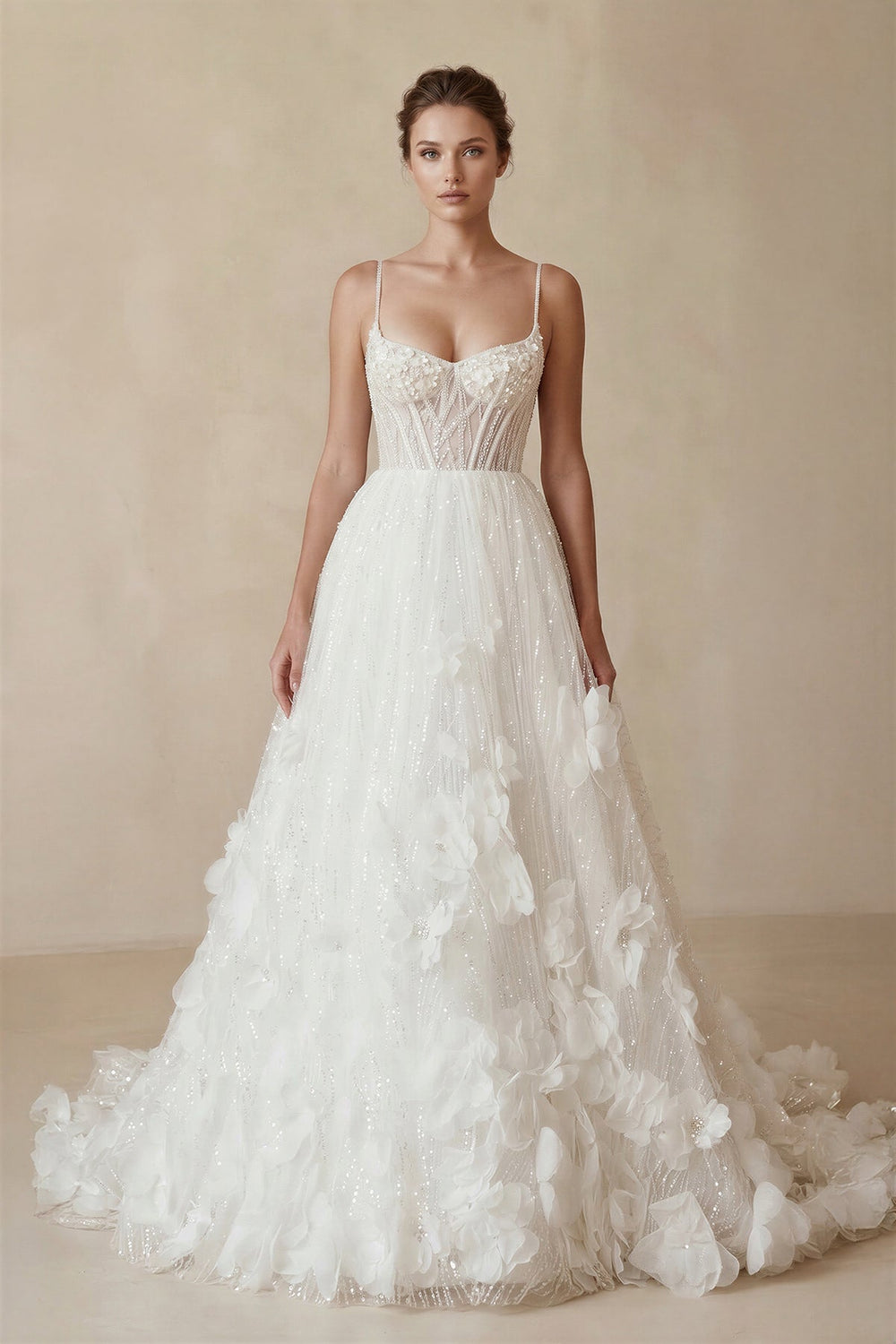 Sparkly 3D Flower Sequins Corset Wedding Dress in White