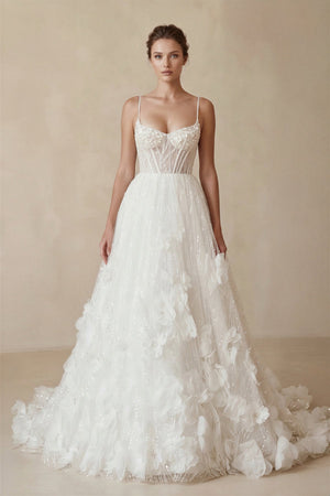 Sparkly 3D Flower Sequins Corset Wedding Dress in White - KISS BRIDAL Wedding Dresses