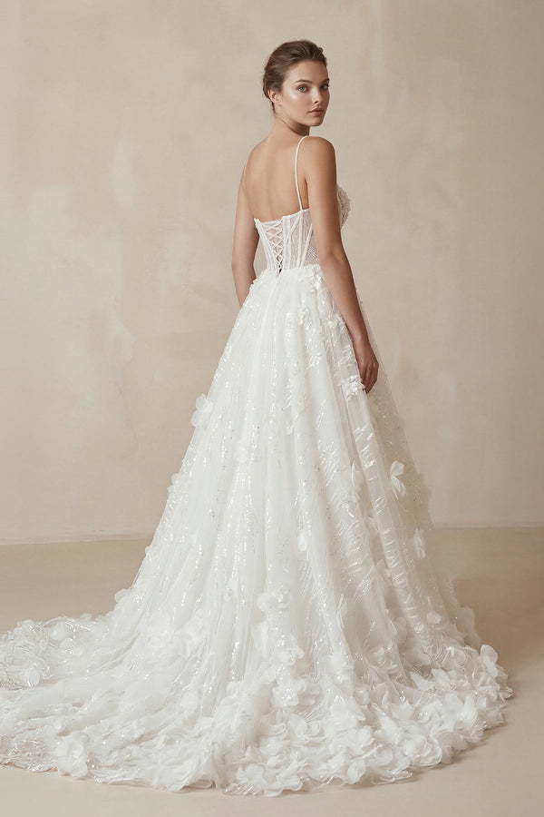 Sparkly 3D Flower Sequins Corset Wedding Dress in White - KISS BRIDAL Wedding Dresses