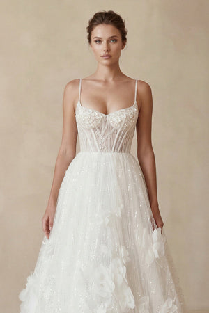Sparkly 3D Flower Sequins Corset Wedding Dress in White - KISS BRIDAL Wedding Dresses