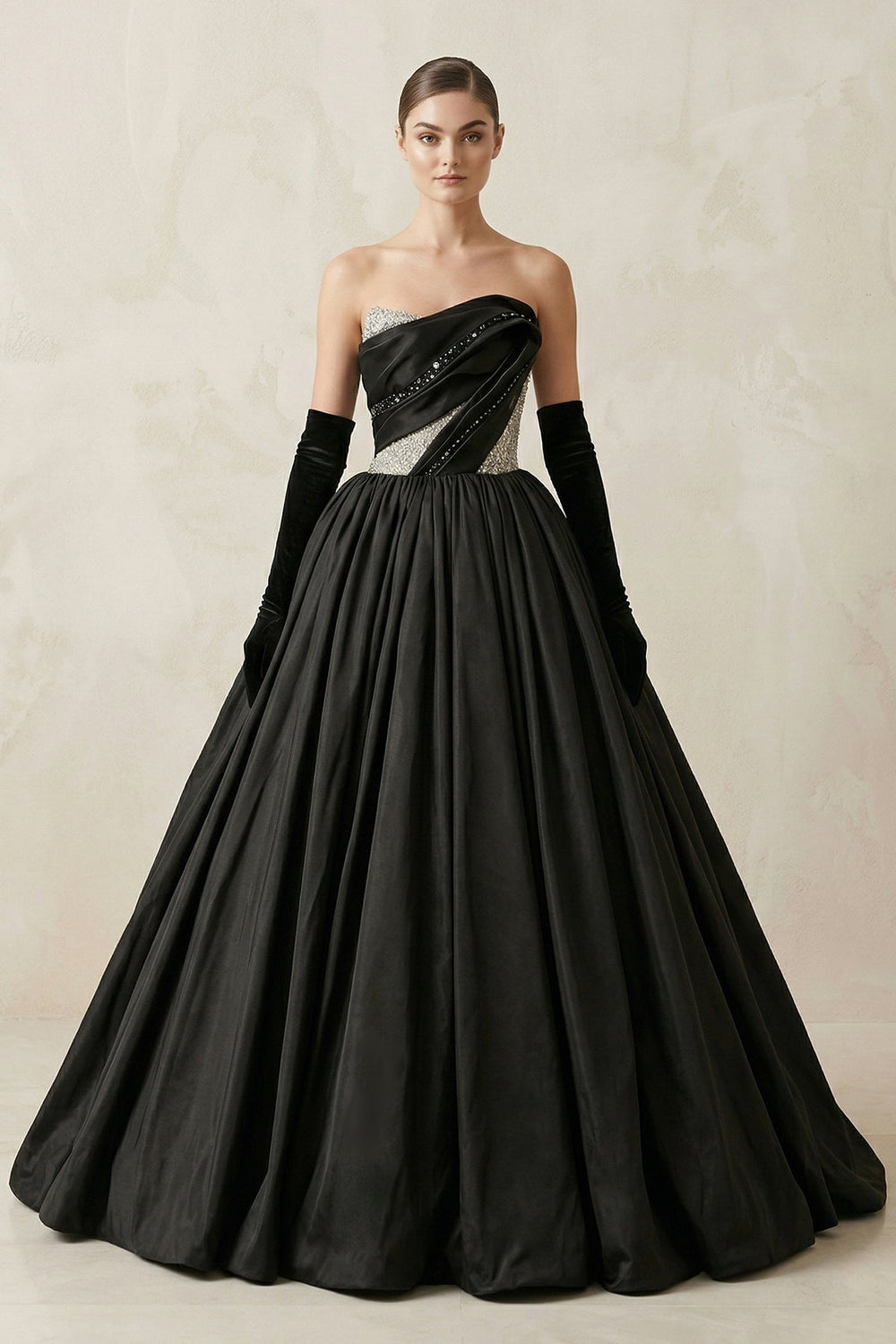 Sparkly Strapless Satin Ball Gown Maxi Dress in Black