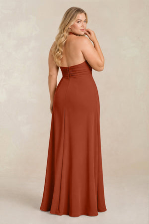 Spice High Neck Chiffon Sheath Ruched Bridesmaid Dress (2) [sizeplus] | KISSBRIDAL