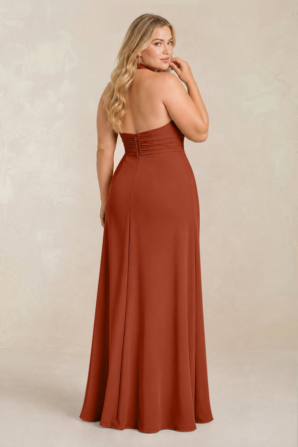 Spice High Neck Chiffon Sheath Ruched Bridesmaid Dress (2) [sizeplus] | KISSBRIDAL