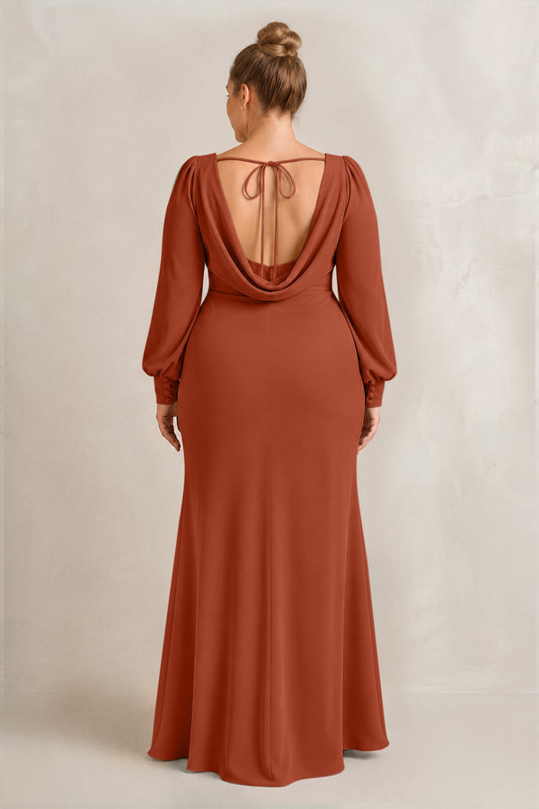 Spice Long Sleeve V-Neck Sheath Chiffon Bridesmaid Dress (2) [sizeplus] | KISSBRIDAL