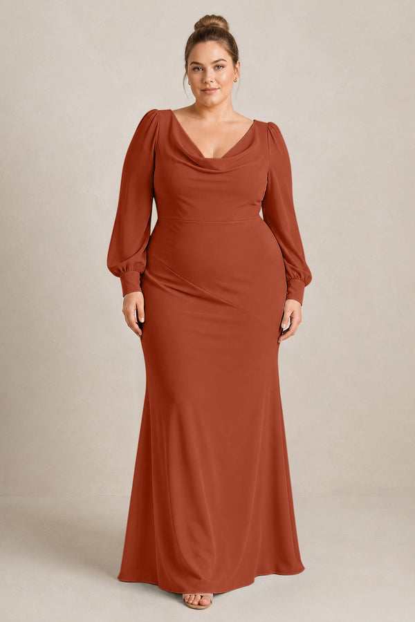 Spice Long Sleeve V-Neck Sheath Chiffon Bridesmaid Dress [sizeplus] | KISSBRIDAL