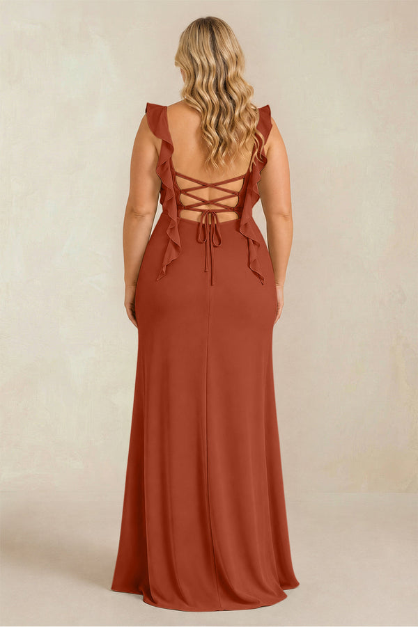 Spice Ruffled Sleeve Ruched Sheath Chiffon Bridesmaid Dress (2) [sizeplus] | KISSBRIDAL