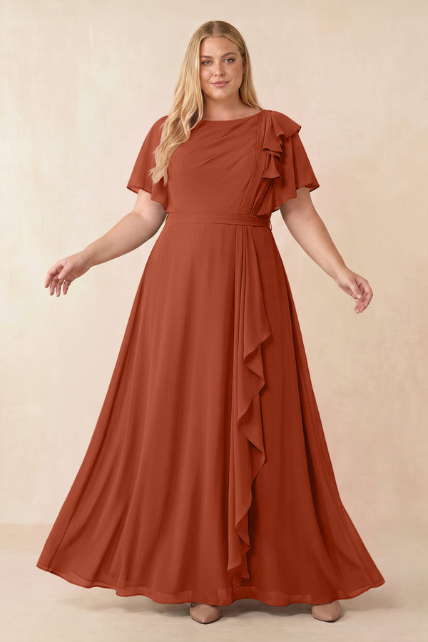 Spice Short Sleeves Bateau A-Line Chiffon Bridesmaid Dress [sizeplus] | KISSBRIDAL